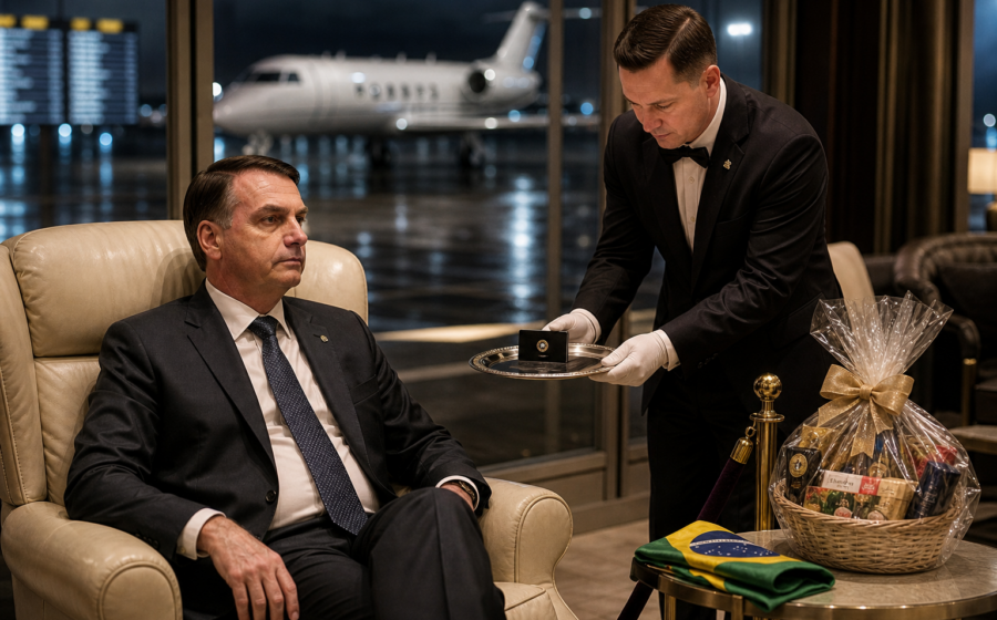 Editorial illustration for Trump Gives Flávio Bolsonaro a Platinum Upgrade for Losing Brazil