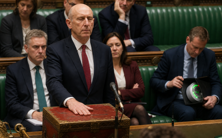 Editorial illustration for John Healey Turns Britain’s Energy Shock Into a Breathing Exercise