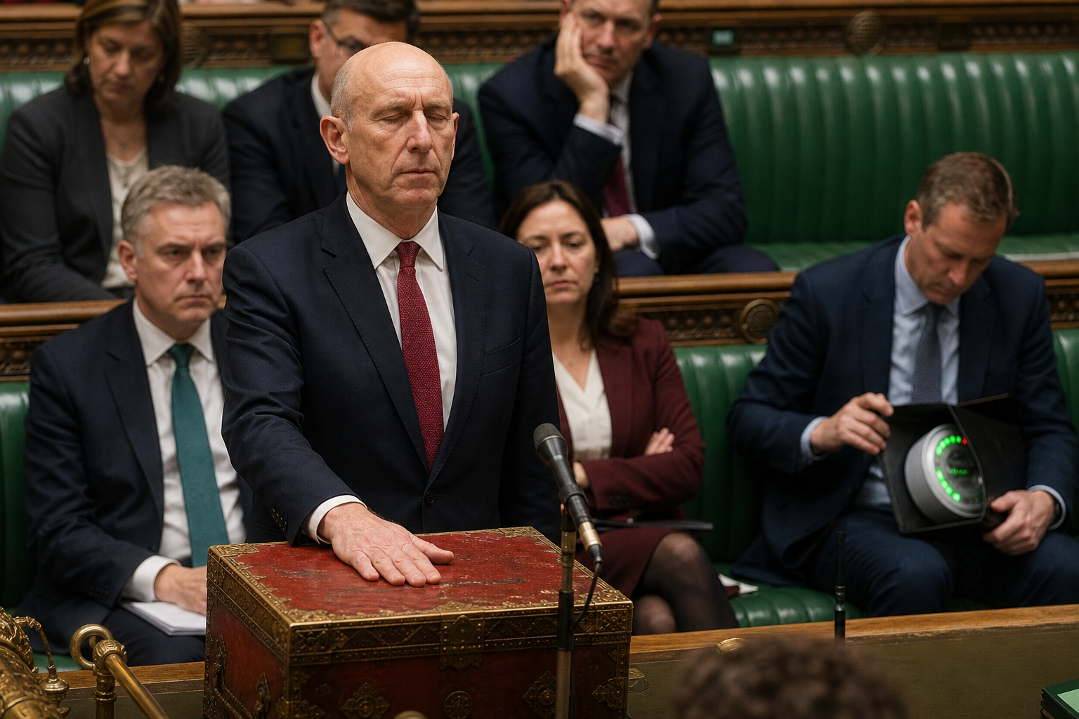 Editorial illustration for John Healey Turns Britain’s Energy Shock Into a Breathing Exercise