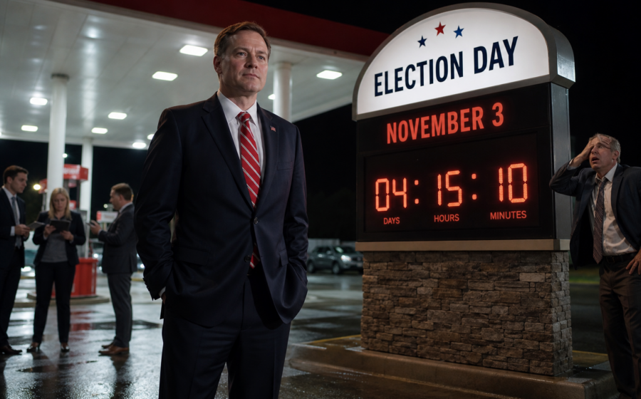 Editorial illustration for Mike Collins Asks November 3 to Lower Gas Prices Before It Votes