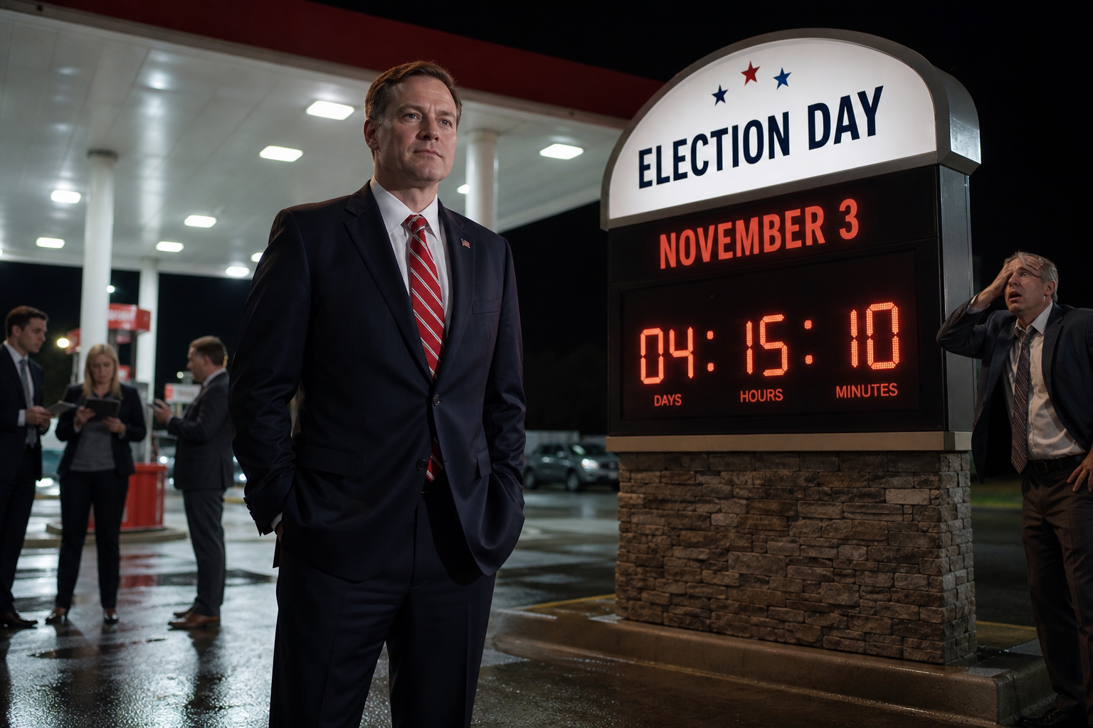Editorial illustration for Mike Collins Asks November 3 to Lower Gas Prices Before It Votes