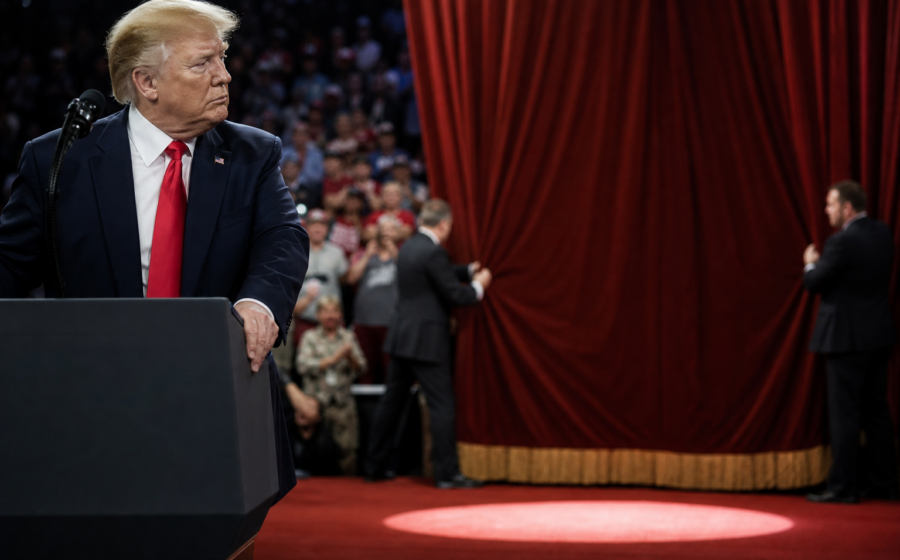 Editorial illustration for Trump Campaign Adds Epstein Intermission to Keep Rallies on Schedule