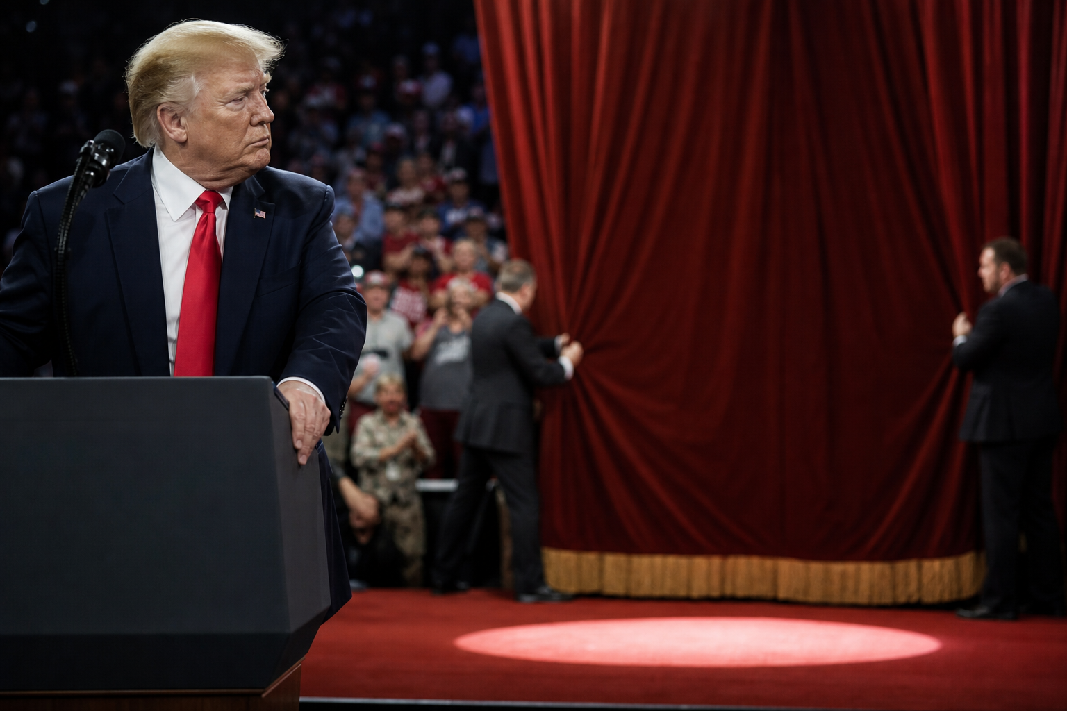 Editorial illustration for Trump Campaign Adds Epstein Intermission to Keep Rallies on Schedule
